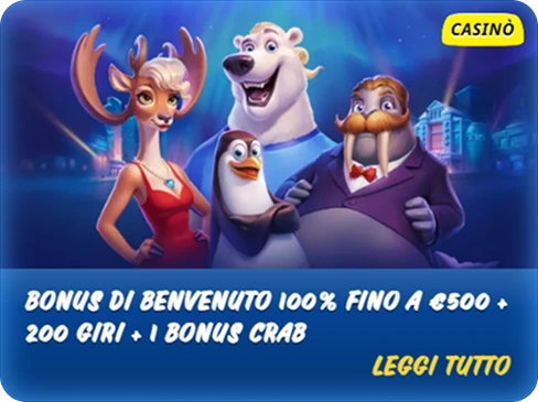 Bonus Benvenuto" con orso polare e amici – Immagine di benvenuto con un orso polare e altri personaggi, insieme a un bonus di benvenuto del 100%