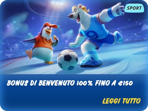 Bonus Benvenuto" con orso polare che gioca a calcio – Immagine di benvenuto con personaggi che giocano a calcio, con il bonus di benvenuto del 100%.