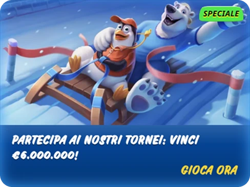 Partecipazione Torneo" – Immagine di un torneo invernale con un orso polare e amici, con la possibilità di vincere 6 milioni di euro