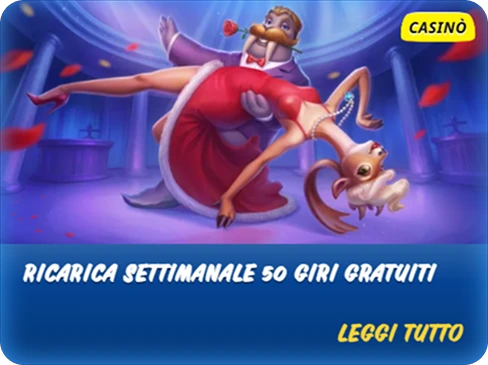 Bonus Settimanale" – Immagine di personaggi che ballano con il testo "Bonus Settimanale 50 giri gratuiti